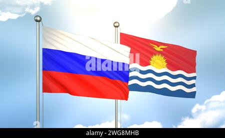3D Waving Russia and Kiribati Flags on Blue Sky with Sun Shine Stock ...