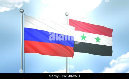 3D Waving Russia and Syria Flags on Blue Sky with Sun Shine Stock Photo