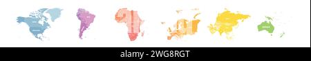 Set of six world continent maps in a row - North America, South America, Africa, Europe, Asia and Australia. Flat vector map with country name labels Stock Vector