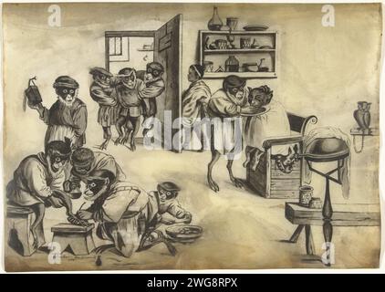 Barber shop with monkeys, ca. 1720, 1720 - 1799 drawing Barber shop with monkeys, a cat who is shaved and a boy who opens the door for a patient brought in. Northern Netherlands parchment (animal material)  animals acting as human beings. monkeys, apes. barber; surgeon Stock Photo