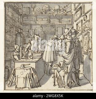 Interior of a book and art trade, Salomon de Bray (attributed to), c. 1620 - c. 1640 drawing Interior of a presumably Haarlem book and art trade. Behind the counter on the left the shopkeeper with a boy next to her who is sewing a book behind a sewing window. Behind them racks with, on the two upper shelves, stocks of unbound paper. Underneath are bound or browered books, while on the fourth board from above, probably bound books have been placed that have been brought to us with the cut and therefore with the locks. In the front against the counter standing, from left to right, a book in a bl Stock Photo