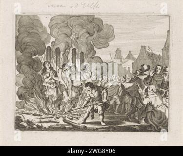 Four people on a stake, Anonymous, After Jacob van der Ulft, 1652 - 1738 print On the left are three men and a woman on a stake. The woman prays, while a man fires fire. On the right two monks and a few fleeing spectators. print maker: Low Countriesafter design by: Northern Netherlands paper engraving violent death by burning at the stake; pyre. (private) prayer; 'Oratione', 'Preghiere', 'Preghiere a Dio' (Ripa) Stock Photo