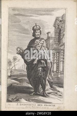 Lodewijk IX, King of France, 1593 - 1650 print Louis IX the Holy, King of France, carries the relics of Christ: crown and three nails, to the Sainte-Chapelle in Paris. Print is part of an album. Low Countries paper engraving Louis IX, king of France; possible attributes: crown of thorns, fleur-de-lis on his coat, three nails, sceptre with fleur-de-lis, model of church, hand of justice. St. Louis IX carrying relics (crown of thorns and three nails) towards the Sainte-Chapelle in Paris Stock Photo