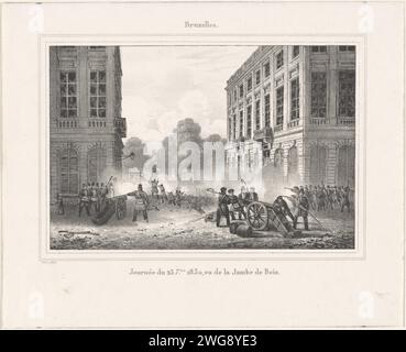 Jambe de Bois behind the guns in Brussels, 1830, Jacques Sturm, 1830 - 1831 print Fighting in a street at the entrance to the park. The Belgian insurgents, including Jambe de Bois, shoot with cannons on the Dutch troops, September 23, 1830. Part of a group of prints from various other series related to the records in the Recueil about the events during the Belgian Revolution in Brussels, Antwerp and Other cities in the period 25 August 1830 to 27 March 1831. print maker: Brusselsprinter: Belgium paper  street-fights, riots Brussels. Wara -park Stock Photo