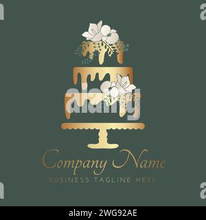 Abstract Cake Logo Design with Frosting and Floral Decoration in Gold Color and Green Background Stock Vector