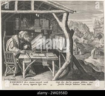 Evagrius Ponticus as a recluse, Johann Sadeler (I), After Maerten de Vos, 1583 - 1588 print The Holy Evagrius Ponticus as a recluse in a hut. He is in front of his writing table and reads a book. Other hermits in the background. Antwerp paper engraving male saints (with NAME). anchorite, hermit Stock Photo