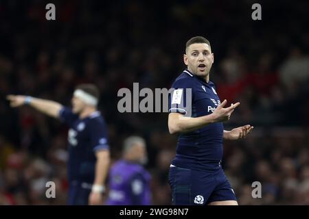 Cardiff, UK. 03rd Feb, 2024. Finn Russell of Scotland reacts. Guinness Six Nations championship 2024 match, Wales v Scotland at the Principality Stadium in Cardiff on Saturday 3rd February 2024. pic by Andrew Orchard/Andrew Orchard sports photography/ Alamy Live News Credit: Andrew Orchard sports photography/Alamy Live News Stock Photo