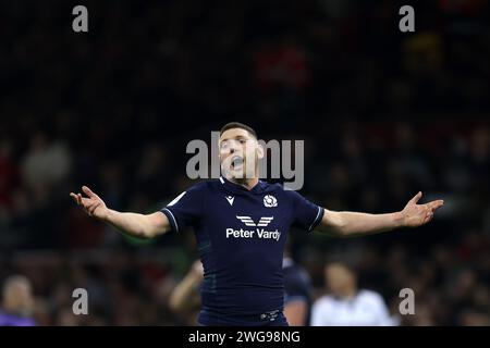 Cardiff, UK. 03rd Feb, 2024. Finn Russell of Scotland reacts. Guinness Six Nations championship 2024 match, Wales v Scotland at the Principality Stadium in Cardiff on Saturday 3rd February 2024. pic by Andrew Orchard/Andrew Orchard sports photography/ Alamy Live News Credit: Andrew Orchard sports photography/Alamy Live News Stock Photo