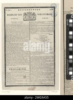 Extraordinary Dagblad van 's Gravenhage. Thursday, March 22. No. 35*. 1849, 1849  Copy of the special daily newspaper of 's Gravenhage of 22 March. Herein the proclamation of King William III of March 21, 1849. Leaf with black mourning edges with text in two columns, printed on one side. At the top of a vignette the city coat of arms in The Hague. The Hague paper letterpress printing Stock Photo
