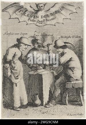 Three farmers play a card game, Salomon Savery, after Pieter Jansz Quast, 1630 - 1665 print Three farmers, each with name, play a card game. Above their head a bat with spread wings on which the title of the series is. Title print (unnumbered) for a twelve -part series of prints with performances by farmers. Amsterdam paper engraving / etching farmers. playing-cards. flying mammals: bat Stock Photo