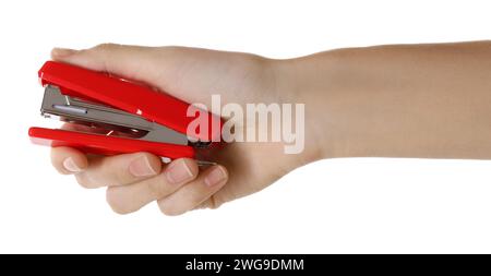 Woman holding red stapler on white background, closeup Stock Photo