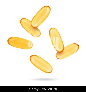 Vitamin. Softgel capsules falling on white background Stock Photo