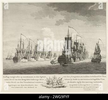 The start of the sea battle at Doggersbank, 1781, Cornelis Bogerts, After Isaac Ouwater, 1781 - 1784 print The Dutch and English ships in Linie at the start of the sea battle at Doggersbank on 5 August 1781 between the Dutch fleet under Schout-Bij-Nacht Johan Zoutman and the English fleet under Vice-Admiral Hyde Parker. In the margin the title and assignment in Dutch and in the middle the Wapen van Zoutman. Part of a few. A text sheet with explanation belongs to the print. print maker: Northern Netherlandspublisher: Amsterdam paper etching / engraving battle (+ naval force) Stock Photo