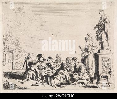 Elegant company in Tuin, Cornelis de Wael, 1633 - 1648 print An elegant company sits together on a path in a garden. On the right a statue of Venus with Amor. A dog looks up at the image. Italy paper etching garden. private festivities, merry company. (story of) Venus (Aphrodite). dog Stock Photo