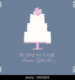 Logo Design with White Cake and Pink Flowers on Blue Background Stock Vector
