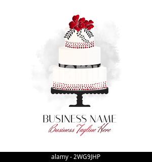 Logo Design with a Big White Cake and red Floral Decoration Stock Vector