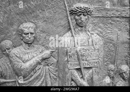 The Carrying of the Cross – Fourth Sorrowful Mystery of the Rosary. A relief sculpture on Mount Podbrdo (the Hill of Apparitions) in Medjugorje. Stock Photo