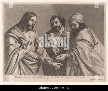 Christus in Cijnspenning, Nicolas Soutif, After Valentin de Boulogne, After 1620 - C. 1720 print   paper etching / engraving the tribute money (Matthew 17:24-27). Christ (in the temple) in debate with Pharisees about the tribute to Caesar (Matthew 22:15-22; Mark 12:13-17; Luke 20:20-26) Stock Photo