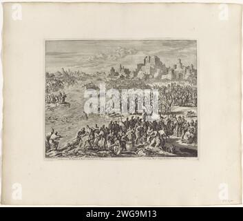 Aaron changes the water of the river into blood, Jan Luyken, 1708 print Before the Pharaoh and his entourage, Moses and Aaron changed the water of the Nile into blood. The residents of the city are shocked on the banks of the Nile. On the right the city with a tower and a temple. The print is an imagination of the first pest that God brought over Egypt. Amsterdam paper etching the plague of water turned into blood: as Pharaoh goes down to the Nile, Aaron strikes the surface of the river with his rod; the water turns into blood and all the fishes die Stock Photo