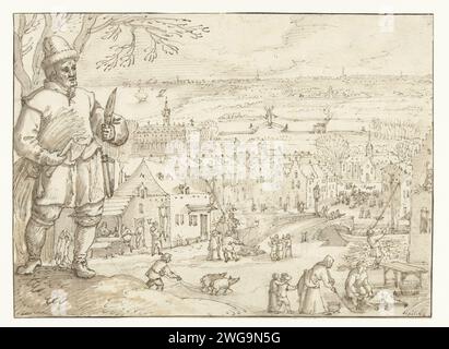 December, Joos de Momper (II), 1590 - 1610 drawing The month of December. On the left a butcher with ax and knife, on the right a village hiking where pigs are slaughtered. Design for a print.  paper. chalk. ink pen / brush December and its 'labours'. butcher, slaughterman Stock Photo