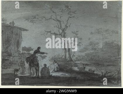 Herdsmen by a Campfire at Moonlight, Jan Asselijn (possibly), c. 1645 - c. 1652 drawing Shepherds in moonlight at a fire.  paper. chalk. ink. deck paint brush rocky coast. herding, herdsman, herdswoman, shepherd, shepherdess, cowherd, etc.. moonlight Stock Photo