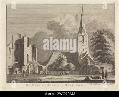 View of the Church and Abbey in Rijnsburg, Hendrik Spilman, 1742 - 1784 print  Haarlem paper etching ruin of church, monastery, etc.. church (exterior). village square, place (+ city(-scape) with figures, staffage) Abbey of Rijnsburg. Rijnsburg Stock Photo