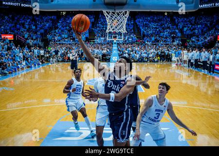 Chapel Hill, NC, USA. 25th Apr, 2023. Duke Blue Devils guard Jeremy Roach (3) gets by for a layup against the North Carolina Tar Heels in the ACC basketball matchup at Dean Smith Center in Chapel Hill, NC. (Scott Kinser/CSM). Credit: csm/Alamy Live News Stock Photo