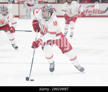 Columbus, Ohio, USA. 3rd Feb, 2024. Ohio State Buckeyes forward Michael Gildon (18) skates with the puck against the Michigan Wolverines in their game in Columbus, Ohio. Brent Clark/Cal Sport Media/Alamy Live News Stock Photo