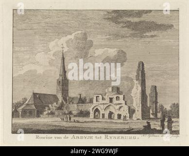View of the ruins of the Rijnsburg abbey, Hendrik Spilman, 1742 - 1784 print  Haarlem paper etching ruin of church, monastery, etc.. village square, place (+ city(-scape) with figures, staffage) Abbey of Rijnsburg Stock Photo