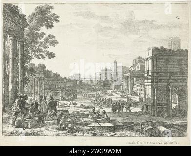 Romanum Romanum, Claude Lorrain, 1637 print View of the forum in Rome with many people. Stim from the ground, columns of temples, on the right the arch of Septimius Severus. In the foreground and on the field are shepherds with their cows. Rome paper etching  Roman forum Stock Photo