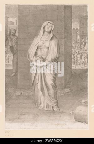 Maria by a wall with Christ shown to the people in the background, Claude Mellan, 1685 print  France paper engraving Pilate showing Christ to the people, 'Ostentatio Christi', 'Ecce Homo' (John 19:4-6) (+ Mary) Stock Photo