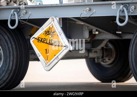 Abilene, United States. 31st Jan, 2024. A 1.1D Mass Detonation explosives sign is displayed on a trailer carrying munitions before being transported on the flightline at Dyess Air Force Base, Texas, on January 31, 2024. On February 2, U.S. military forces struck more than 85 targets, with numerous aircraft, including B-1B long-range bombers, employing more than 125 precision munitions. Photo by Senior Airman Leon Redfern/U.S. Air Force/UPI Credit: UPI/Alamy Live News Stock Photo
