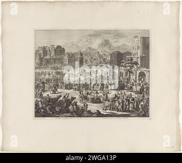 Jona predicts the downfall of Nineve, Jan Luyken, 1708 print Jonah stands on a square in Nineve and predicts the residents of their city. Many people throw themselves on the floor in a panic or run away. Amsterdam paper etching when Jonah arrives in the city of Nineveh he foretells its destruction in forty days Stock Photo