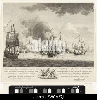 Sea battle at Doggersbank, 1781, Cornelis Bogerts, After Isaac Ouwater, 1781 - 1784 print The Dutch and English ships during the sea battle at Doggersbank on 5 August 1781 between the Dutch fleet under Schout-by-night Johan Zoutman and the English fleet under Vice-Admiral Hyde Parker. In the margin the title and assignment in Dutch and in the middle the Wapen van Zoutman. Part of a few. A text sheet with explanation belongs to the print. print maker: Northern Netherlandspublisher: Amsterdam paper etching / engraving battle (+ naval force) Stock Photo