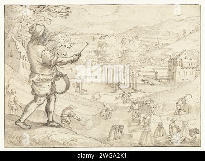 July, Joos de Momper (II), 1590 - 1610 drawing The month July. Man with sickle, on the right the harvesting of flax. Design for a print.  paper. chalk. ink pen / brush July and its 'labours'. agricultural implements: sickle. harvest Stock Photo