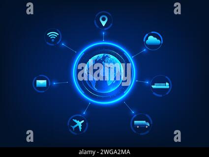 Transportation or logistics industry Shipping goods around the world via planes, ships, and trucks using AI technology. Come in and help manage commun Stock Vector