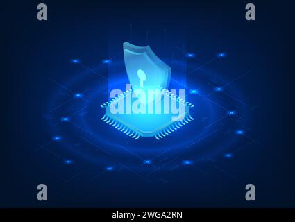 Microchip technology equipped with cyber security system Protection against virus threats Data theft and attacks Shield placed on top of microchip pad Stock Vector