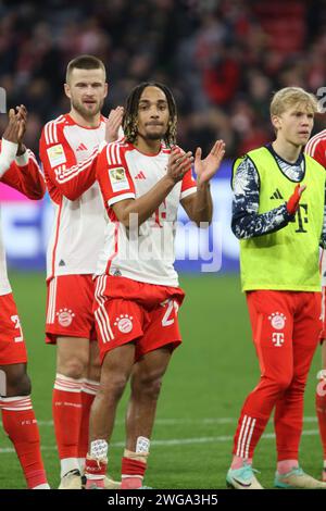 MUNICH, Germany. , . (L-R) 15 Eric DIER, 23 Sacha BOEY, 41 Frans KRÄTZIG, Kraetzig, after the Bundesliga Football match between Fc Bayern Muenchen and Borussia MOENCHENGLADBACH at the Allianz Arena in Munich on 3. February 2024, Germany. DFL, Fussball, 3:1, (Photo and copyright @ ATP images/Arthur THILL (THILL Arthur/ATP/SPP) Credit: SPP Sport Press Photo. /Alamy Live News Stock Photo