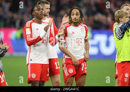 MUNICH, Germany. , . (L-R) 39 Mathys TEL, 15 Eric DIER, 23 Sacha BOEY, after the Bundesliga Football match between Fc Bayern Muenchen and Borussia MOENCHENGLADBACH at the Allianz Arena in Munich on 3. February 2024, Germany. DFL, Fussball, 3:1, (Photo and copyright @ ATP images/Arthur THILL (THILL Arthur/ATP/SPP) Credit: SPP Sport Press Photo. /Alamy Live News Stock Photo