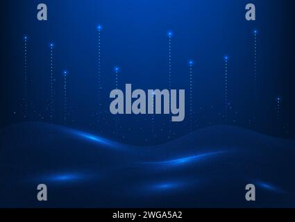 Abstract technology background Waves of connected dots with rising lines represent the output of large data into the network, wallpapers, screens, pre Stock Vector