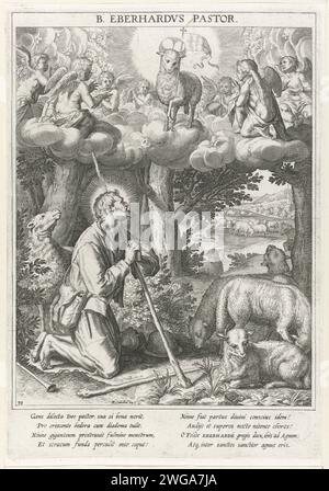 Holy Everardus kneels for the vision of the Lamb of God, Raphaël Sadeler (I), After Peter de Witte, 1615 print In the foreground, H. Everardus van Tüntenhausen kneels between his sheep. The Lamb of God appears between different angels in the sky. The print has a Latin caption and is the 33rd print of a 60-part series on the subject of the saints of Bavaria. München paper engraving / etching male saints (with NAME). herding, herdsman, herdswoman, shepherd, shepherdess, cowherd, etc.. sheep. lamb bearing cross or banner, 'Agnus Dei'  symbol of Christ. angels Bavaria Stock Photo