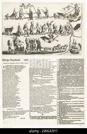 Cartoon in the battle in Europe in the year 1666, 1666 print Cartoon on the battle in Europe in the year 1666. Three rows with allegorical and historical figures. On the left, the Virgin of Europe sits on a throne, in front of her are admirals who take an oath. On the right the battle between the Netherlands Lion and an English bull. At the top left of the peace with the bishop of Munster closed in April 1666, at the top right the Triumphwagen of the Peace. With more allegorical figures. Printed on the leaf under the plate text in 3 columns with verses and the legend 1-7. Northern Netherlands Stock Photo