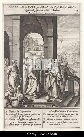 The Pharisees and scribes ask for a sign of Christ, Antonie Wierix (II), After Bernardino Passeri, 1593 print Christ tells the Pharisees and scribes that they will receive no other sign than that of the prophet Jonah. In the background you can see how Jonah is spit out on the land by the fish. Various elements from the performance are letters that correspond with the legend in the margin. Antwerp paper engraving Pharisees and Saducees tempt Christ to show them a sign from heaven (Matthew 12:38-39, 16:1-4; Mark 8:11-12; Luke 11:16, 11:29). after a three-day sojourn in the belly of the monster J Stock Photo