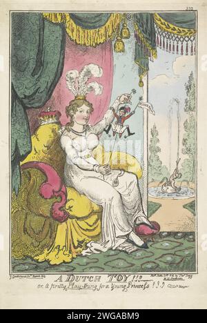 De Prins van Oranje as a toy for Princess Charlotte, 1814, George Cuikshank, 1814 print Cartoon on Willem Frederik George Lodewijk, Prince of Oranje-Nassau (later King Willem II), presented as a Trekop, a toy in the hands of the English princess Charlotte. The prince has a flag with inscription 'Orange Boven' in his hand. A fountain in the background. Charlotte broke her engagement with the Prince of Orange in May 1814. Numbered at the top right: 332. print maker: Englandpublisher: London paper etching (playing with) dancing dolls Stock Photo