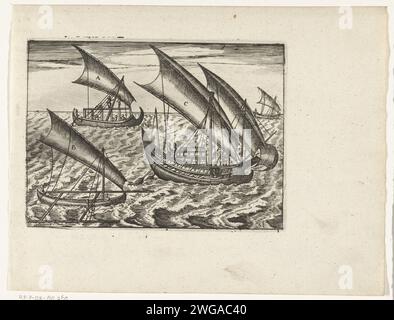 Four Javanese vessels, 1596, 1646 print Four Javanese vessels, in Bantam, (Banten), 1596. Prints of the worked records for the original illustrations in the travelogue of the first Schipvaert of Cornelis de Houtman to the East Indies in 1595-1597. No. 31. Northern Netherlands paper etching / engraving exploration, expedition, voyage of discovery. landscapes in tropical and sub-tropical regions. ships (in general) Bantam Stock Photo