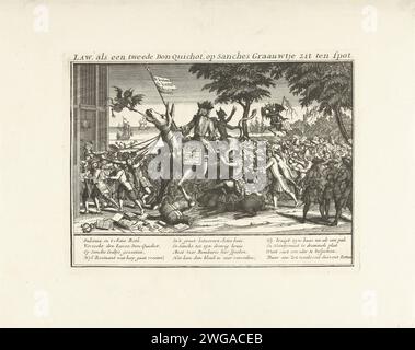 John Law on the donkey of Sancho Panza, 1720, 1720 print Cartoon on John Law driving like a second Don Quixotte on the donkey of Sancho Panza, 1720. The devil lifts the tails of the donkey, so that actien are shed from the rear. The wind traders are moving the donkey towards the Quincampoix coffee house. Bombario in the foreground on a path. In the caption a verse in three columns. Print 24 In the series The Great Scene of Foolishness with cartoons on the Windhandel or Action Trade of 1720. Northern Netherlands paper etching Sancho Panza. Don Quixote. financial panic Coffee house Quincampoix Stock Photo