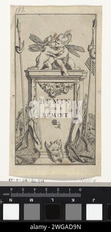 Two putti hug each other on a pedestal, Willem Schellinks, 1658 print Two winged putti hug each other on a pedestal. The pedestal is decorated with roses and the inscription: Bemin who loves you. There are various objects on either side of the pedestal: a spear, hunting horn, a satay mask, two arches and arrow -pokers and a pan flute. Amsterdam paper etching embracing each other, kissing. pedestal of a piece of sculpture (perhaps in the form of a herm). casting weapons: spear. hunting horn. mask. attributes of Cupid: bow and arrow. panpipes. flowers: rose. cupids: 'amores', 'amoretti', 'putti' Stock Photo