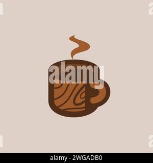 A logo featuring a steaming cup of brown coffee with a wood grain to represent nature. Stock Vector