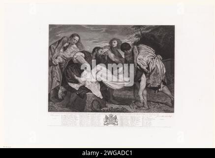 Grave of Christ, Johannes de Mare, After Titian, 1852 print The burial of Christ. The body of Christ is carried towards the grave by Joseph of Aritathathea, Nicodemus and a third disciple. Johannes supports the Maria.  paper engraving / etching Christ's entombment (possibly by angels) Stock Photo