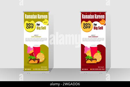 Happy Ramadan Rollup banner template design. Ramadan Sell or best offer Billboard Design. Stock Vector